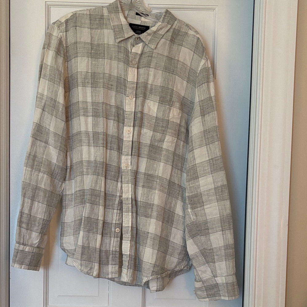 Lucky brand  Gray and White Checkered linen Shirt. Size L.